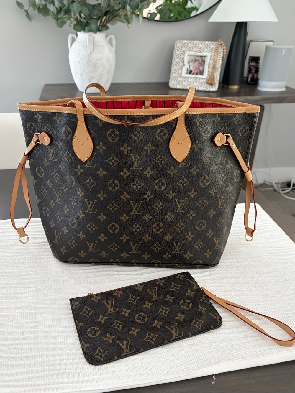 Tote with Red Interior and Tan Trim